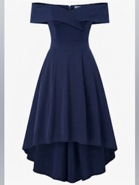 Off-Shoulder Navy High-Low Dress